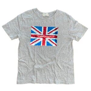Zara Boys Union Jack Sequins Short Sleeved T Shirt Crewneck Gray